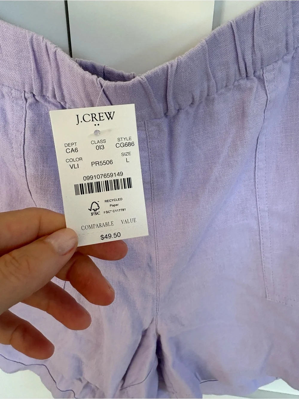 New J Crew Lilac Women’s Elastic-Waist Linen Shorts. Size LARGE